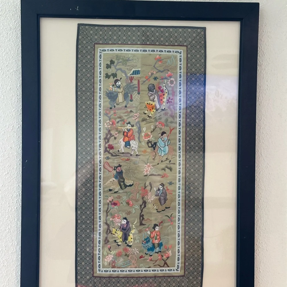 Chinese hand embroidered silk Art Piece Framed. The Actual Piece 27 X 13”